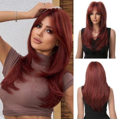 Nuxovin Wine Red Real Hair Wigs Long Straight Layered Burgundy with Fringe Wigs Human Hair for Daily Party Cosplay Use (Wine Red,20 inch)