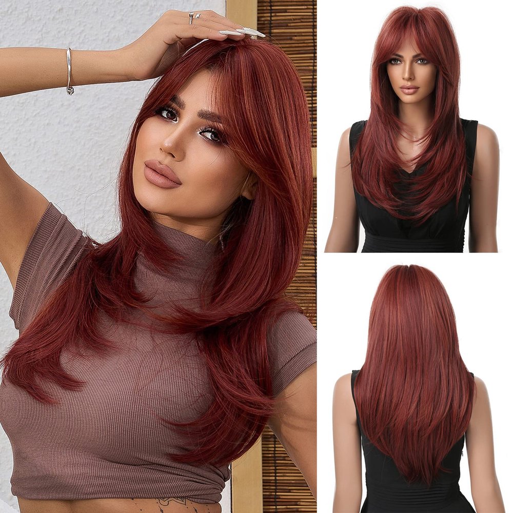 Nuxovin Wine Red Real Hair Wigs Long Straight Layered Burgundy with Fringe Wigs Human Hair for Daily Party Cosplay Use (Wine Red,20 inch)