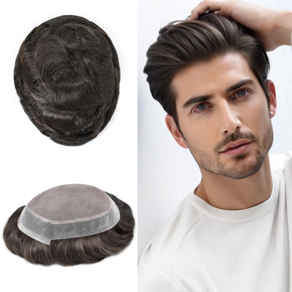 FNY HAIR Toupee for Men Real Human Hair Durable Fine Mono Poly Skin Hair Replacement System for Mens Hairpieces Toupee Natural Hairline 7''X10'' 120% #2 Darkest Brown