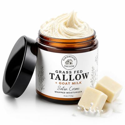 Grass Fed Beef Tallow Moisturizer with Goat Milk Goat Milk Face Cream for Dry Skin Unscented Face & Body Moisturizer with Shea, Mango, Kokum & Cocoa Butter 4 oz Satin Crme