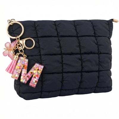 CECKQUE Black Puffer Quilted Makeup Bag for Women with Wrist Straps - 10" Roomy Puffy Cosmetic Pouch, Travel Toiletry Organizer Bag (BK-Le-M1)
