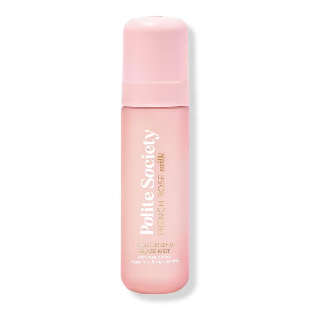 Polite Society French Rose Milk Moisturizing Glaze Mist | Size: 1.69 oz | Hydrated radiance of liquid glass for a buildable, glazed makeup effect with skincare benefits.