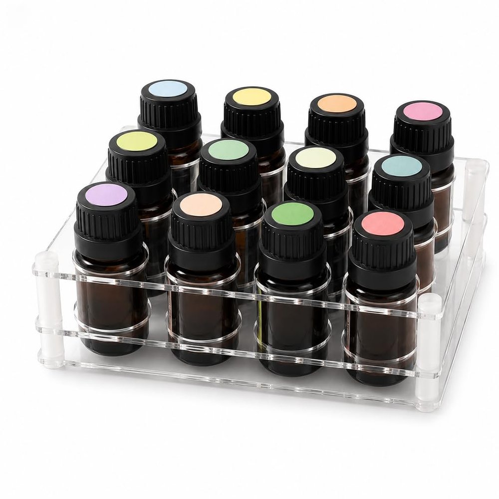 BOXIN 2-Pack Acrylic 2-in-1 Storage Rack, 12 Slots Each, Holds 10ml/15ml/20ml Essential Oils & Slim Lipsticks, Clear Desktop Vanity Organizer
