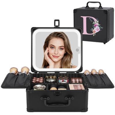 Relavel Birthday Gifts for Women Teen Girls, Initial Makeup Bag with LED Mirror Personalized Cosmetic Bag Travel Organizer Train Case, Teacher Graduation Gift Teen Girl Gifts Trendy Stuff, Black D