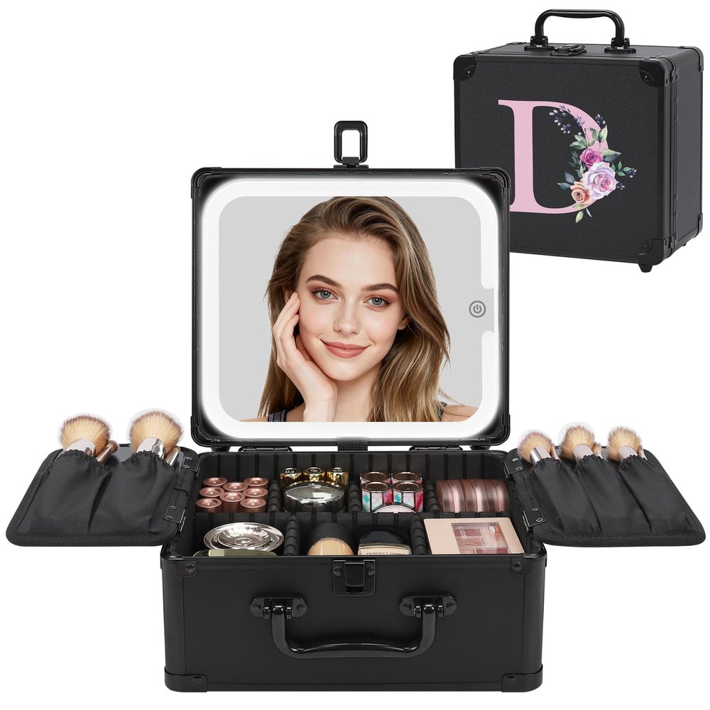 Relavel Birthday Gifts for Women Teen Girls, Initial Makeup Bag with LED Mirror Personalized Cosmetic Bag Travel Organizer Train Case, Teacher Graduation Gift Teen Girl Gifts Trendy Stuff, Black D