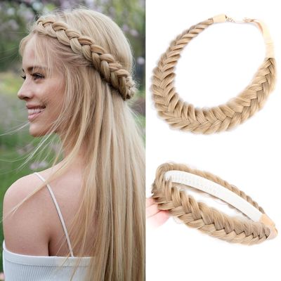 DIGUAN 2PCs Braided Headband with teeth Handmade Messy Wide Synthetic Hair Elastic Stretch Fluffy Hairpiece for Brides (Honey Blonde)