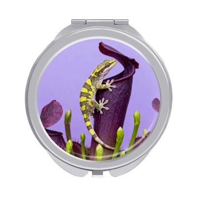 FekiLoot Gecko on Venus Flytrap Travel Compact Mirror 1x/2x Magnifying Portable Folding Makeup Mirrors for Purse & Pocket Round Small Cosmetic Mirror for Women Double-Sided Handheld Mirrors
