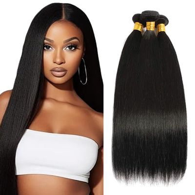 Human Hair Bundles #1B Straight Bundles 30 32 34 Inch Unprocessed Brazilian Virgin Hair Natural Color 3 Bundle 50 Gram Per Bundle Deals Quick Weave Hair Extensions