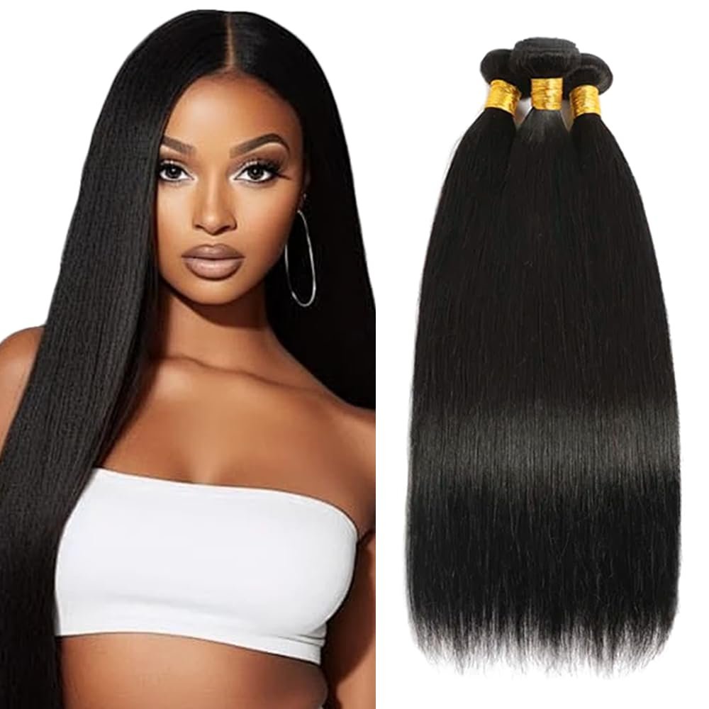 Human Hair Bundles #1B Straight Bundles 30 32 34 Inch Unprocessed Brazilian Virgin Hair Natural Color 3 Bundle 50 Gram Per Bundle Deals Quick Weave Hair Extensions