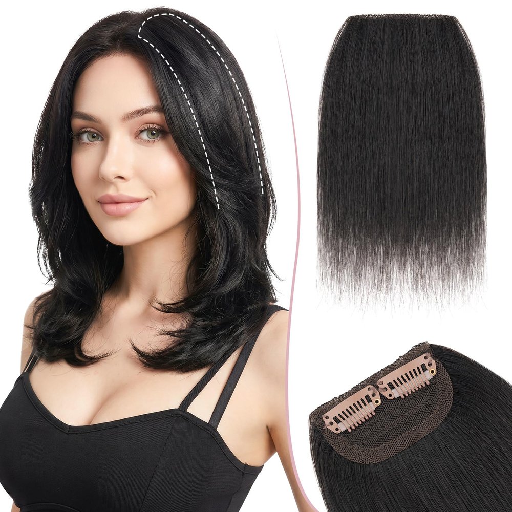 SEGOHAIR 2 Pcs Clip in Short Hair Extensions for Women, 100% Real Human Hair Scalp Fill Ins, Seamless Invisible Hairpieces for Thinning Hair, Adding Volume 8Inch #1B Natural Black