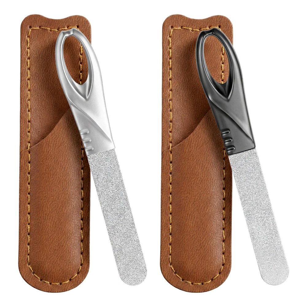 2 Pack Metal Nail File with Case, Stainless Steel Nail File for Men, Double Sided Metal Fingernail Files (Silver, Black)