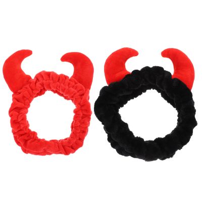 PENIKOKO Horn Plush Face Wash Headbands 2pcs Elastic Makeup Hair Bands for Women Spa Cosmetic Hair Accessories in Black and Red for Shower and Skincare