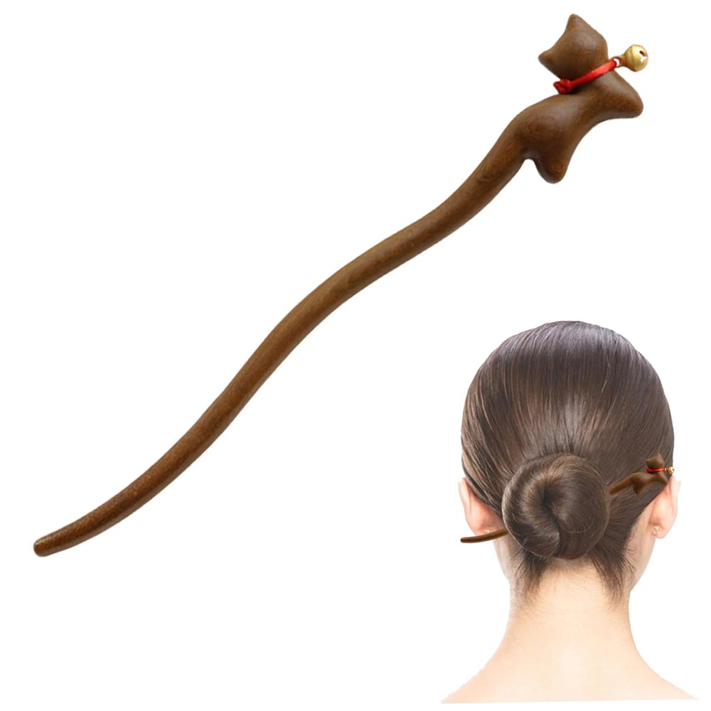 Hair Pins for Women, Cat Shaped Hair Sticks with Bell Decor, Smooth No Damage Wooden Pins, 7" Decorative Chinese Sticks, for Women Chopsticks for
