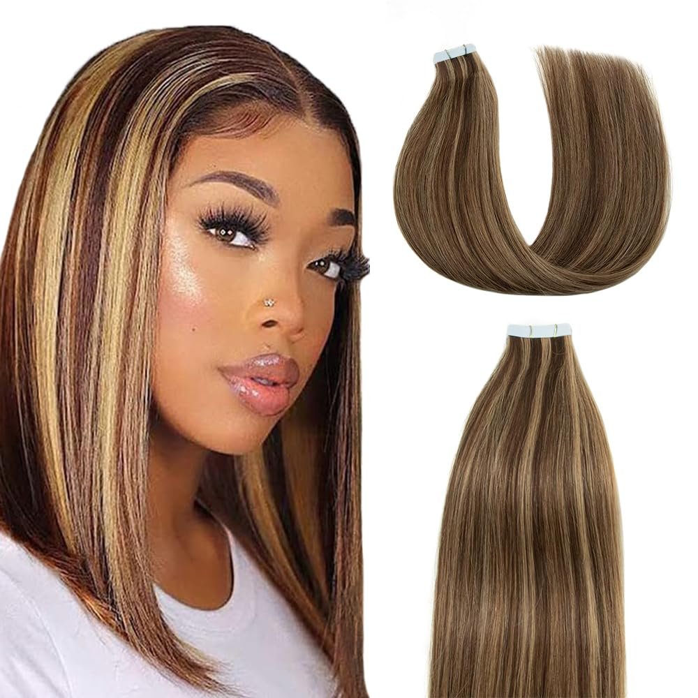 P4/27 Blonde Tape in Extensions Human Hair 26 Inch Highlight Brown Straight Tape in Seamless Extensions Human Hair Skin Weft Seamless Invisible Unprocessed Virgin Remy Hair 45g 10 Pcs