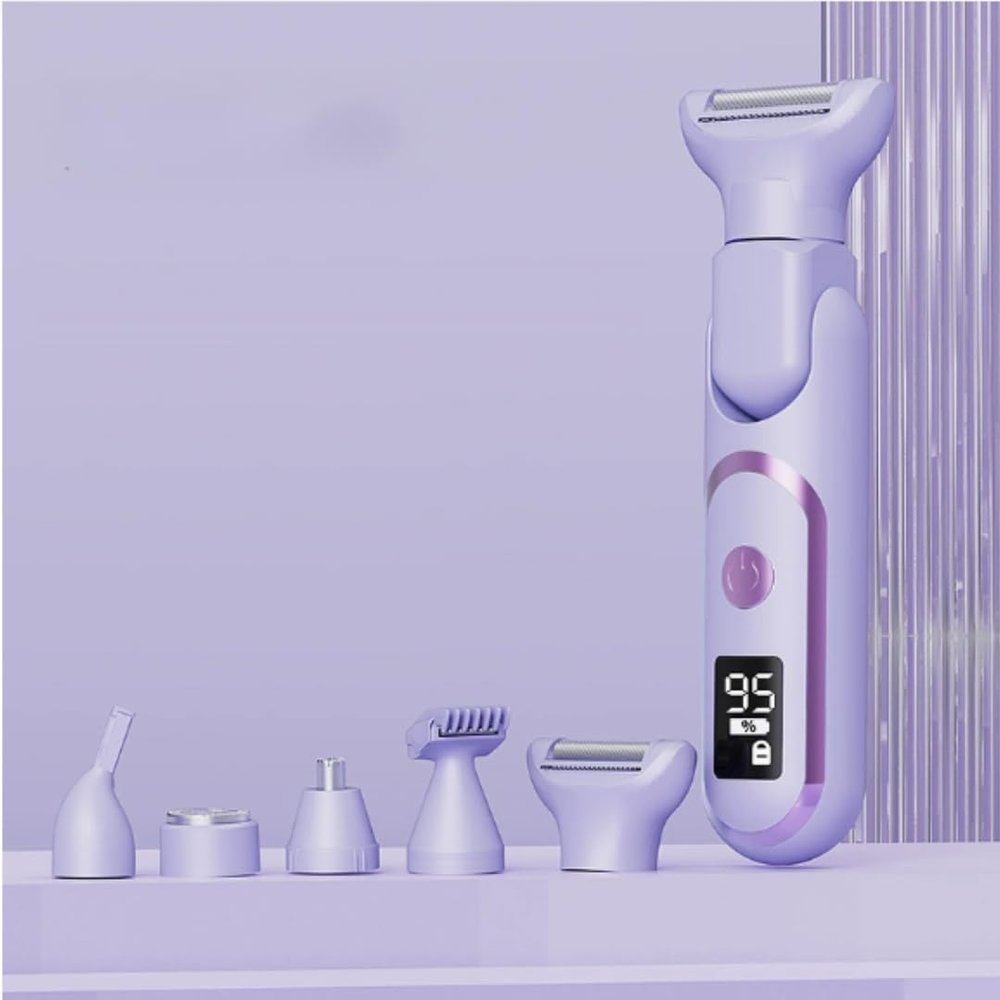 5-in-1 Rechargeable Electric Hair Removal Trimmer for Women, Waterproof Wet & Dry Bikini and Body Groomer with LCD Display, Washable Precision Razor for Legs, Face, Eyebrows & Sensitive Areas(Purple)