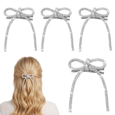 WJIAAA 4 Pcs Silver Rhinestone Bow Hair Clips, Bling Bling Hair Accessories Sparkly Crystal Rhinestone Bowknot Clips Duckbill Barrettes Non-Slip Jeweled Diamond Bow for Women Wedding Christmas Party