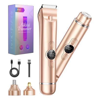4-in-1 Bikini Trimmer for Women, IPX7 Waterproof Painless Electric Razors for Women, Cordless Lady Pubic Hair Trimmer & Body Shaver with Ceramic Blades for Sensitive Skin, Wet & Dry Use, Gold