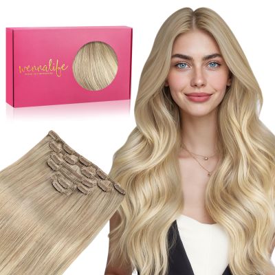 WENNALIFE Clip in Hair Extensions Real Human Hair, 22 Inch 130g 7pcs Balayage Dirty Blonde to White Blonde Remy Hair Straight Natural Extensiones De Cabello Humano Con Clip Ins