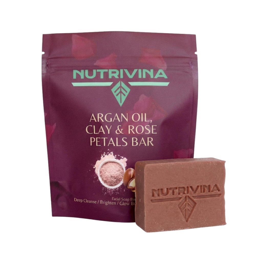 Nutrivina Facial Bar Soap, Argan Oil, Clay & Rose Petals, Luxury Makeup Remover, All-Natural Handcrafted, For Sensitive, Dull or Combination Skin