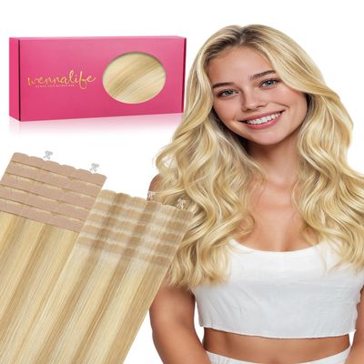 WENNALIFE Mini Tape in Hair Extensions Human Hair for Thin Hair, Light Blonde Highlighted Golden Blonde 14 Inch 40g Invisible Tape Ins No Show No Bulk, Seamless Cuttable PU Weft DIY at Home