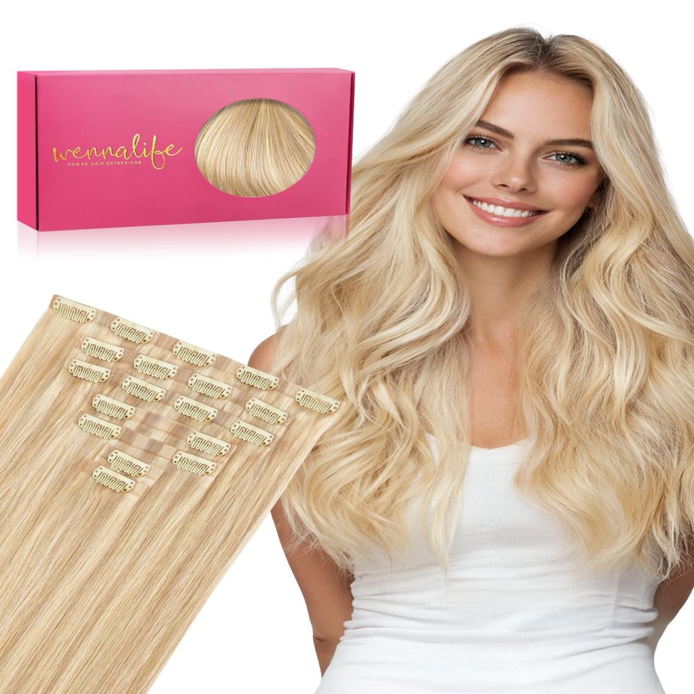 WENNALIFE Seamless Clip in Hair Extensions Real Human Hair, 14 Inch 110g Dirty Blonde Mixed Bleach Blonde Invisible PU Skin Weft, Natural Thick Real Hair Clip Ins for Women, Soft Reusable Remy Hair