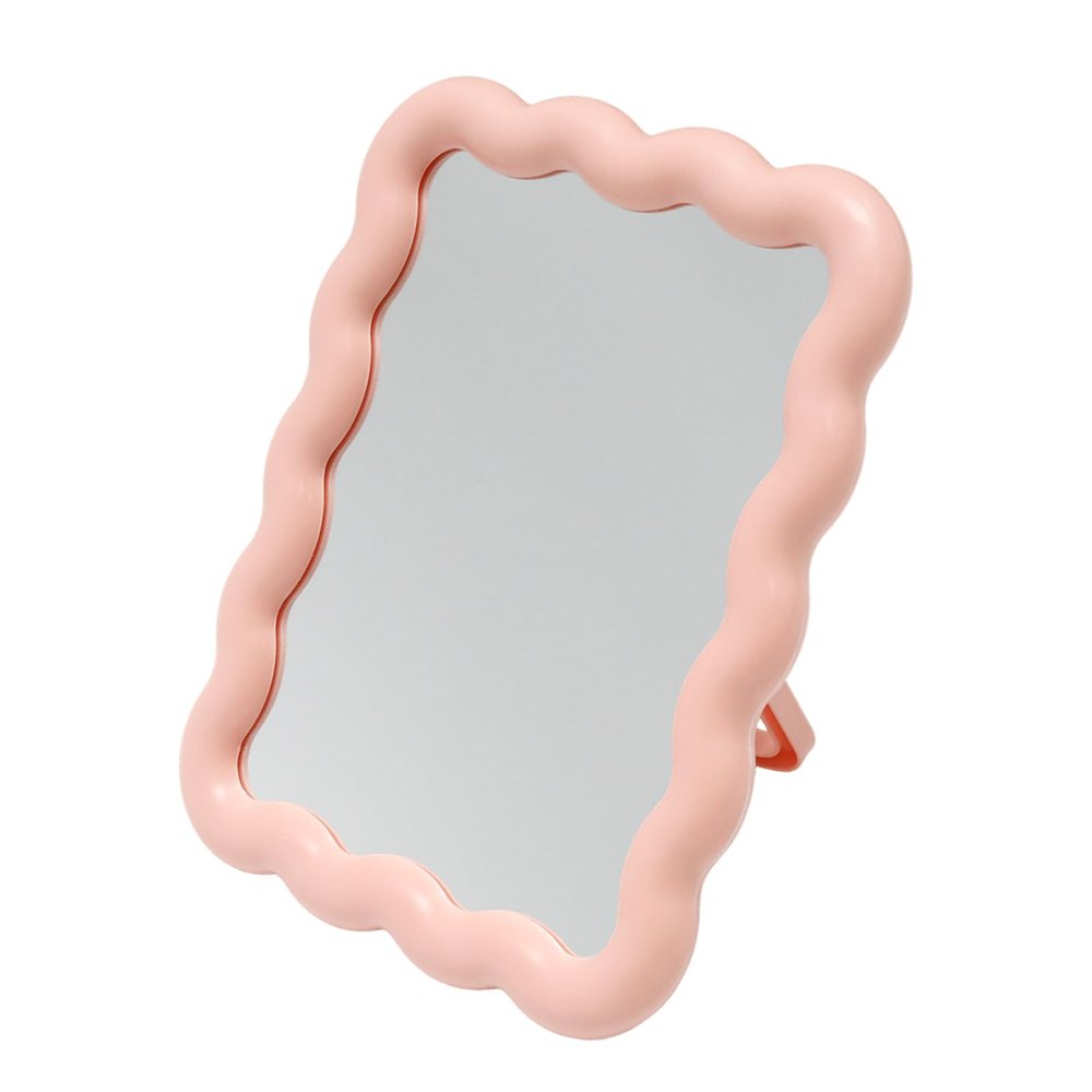 NoxWisp 1 Pcs Pink Wave-Shaped Makeup Mirror, Portable Folding Travel Makeup Mirror, Standing/Hanging Home Decorations for Women/Girls