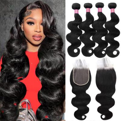Human Hair Bundles with Closure (20 22 24 26+18 Inch) 12A Body Wave 4 Bundles with 5x5 Closure 100% Unprocessed Brazilian Virgin Bundles Human Hair Natural Black