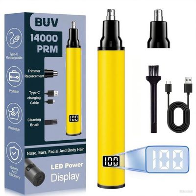 Nose Hair Trimmer with LED Display- 2025 Professional Painless Ear Hair Trimmers for Men and Women, USB Rechargeable Nose Hair Trimmer Clipper 14,000 RPM IPX7 Waterproof Dual Edge Blades, Yellow