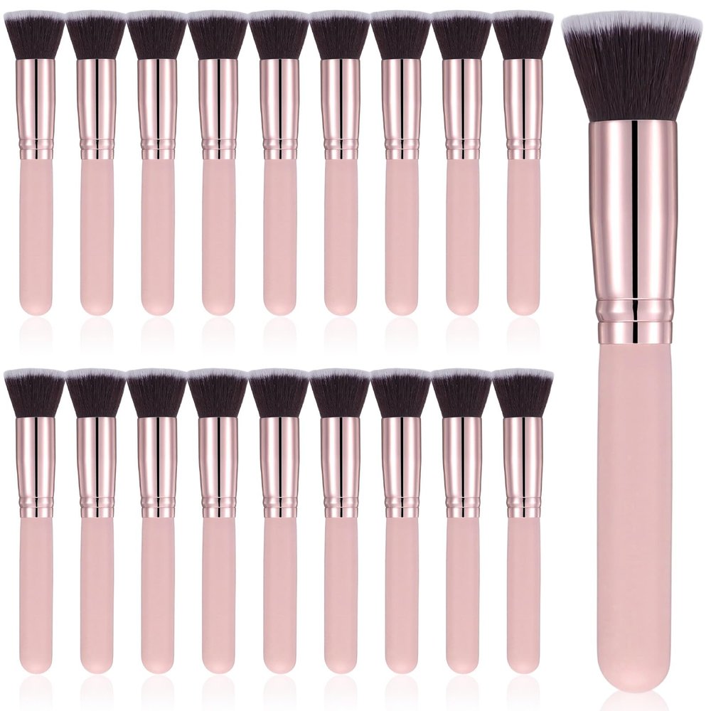 18 Pcs Makeup Brushes Bulk Flat Top Foundation Brush Kit for Liquid Cream Powder Contour Blush Concealer Eyeshadow Blending Liner Makeup Tool Pink
