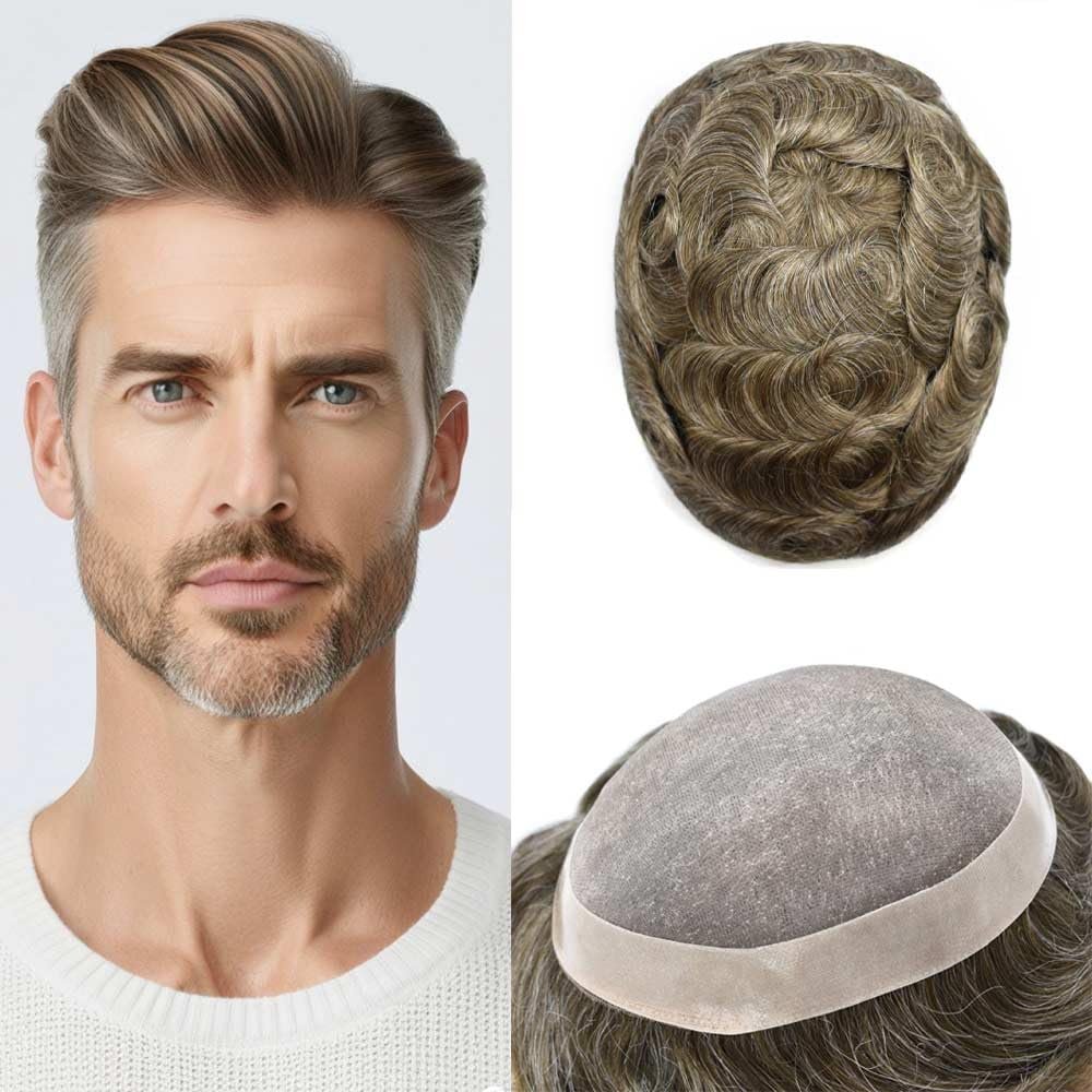 FNY HAIR Toupee Hair For Men Breathable Fine Mono Mens Hair Piece European Remy Human Hair Mens Toupee Mens Hairpieces Hair System For Men 6X9#640#6 Light Brown+40% Grey 120% Density