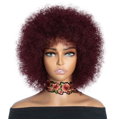 yinxx240708 Short Kinky Curly Human Hair Afro Wig, Glueless Wig, Ready-to-Wear, Daily Use 250 Density for Women with Thinning Hair(Burg Red)
