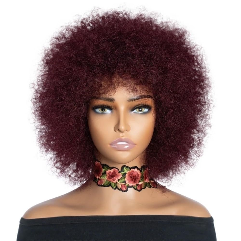 yinxx240708 Short Kinky Curly Human Hair Afro Wig, Glueless Wig, Ready-to-Wear, Daily Use 250 Density for Women with Thinning Hair(Burg Red)