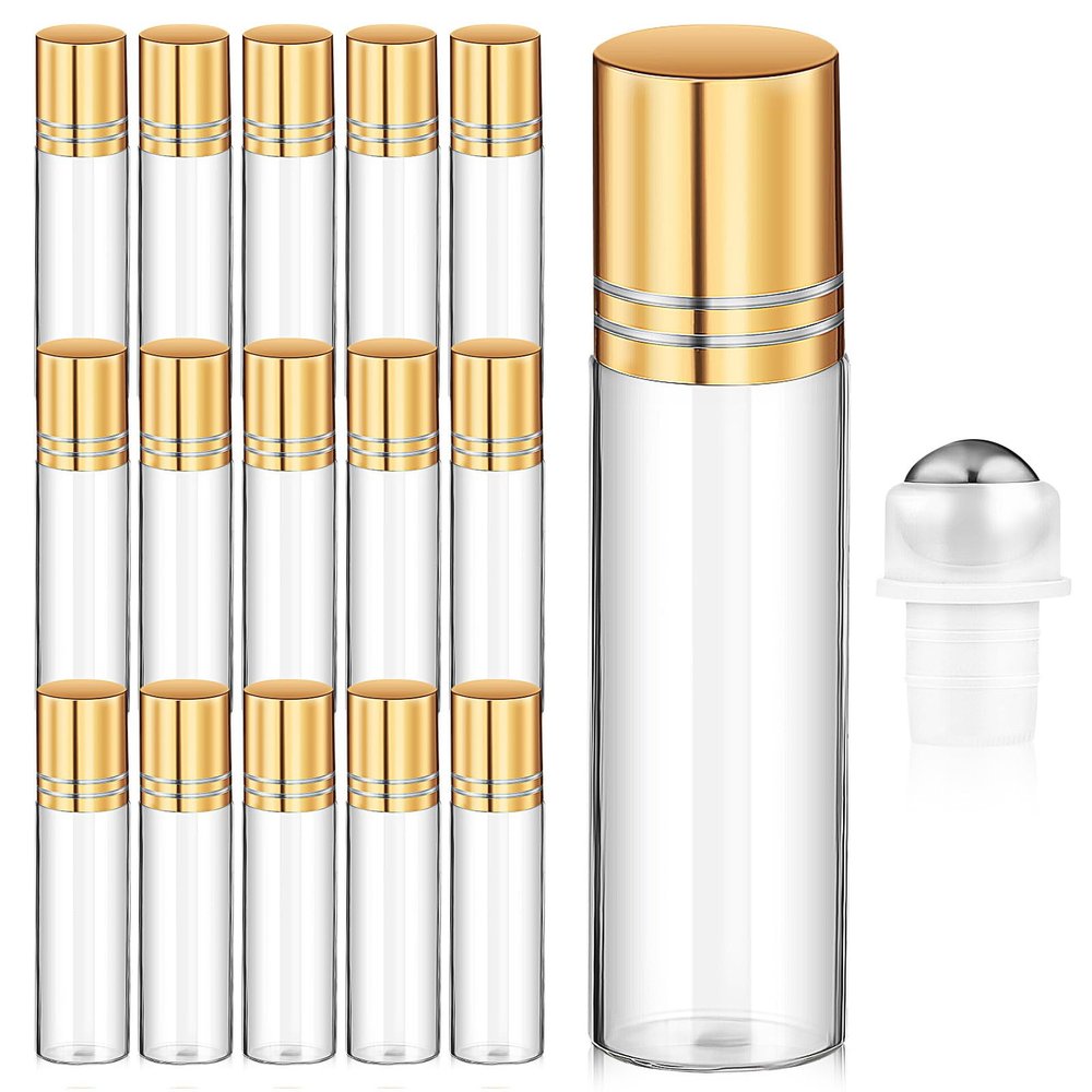 LRXIYODE 15pcs 10ml Empty Essential Oil Roller Bottles Set, Refillable Leakproof Small Roller-on Containers with Caps for Travel Perfume and Deodorant