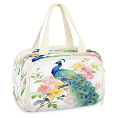 Watercolor Peacock Large Makeup Bag for Women, Travel Makeup Case Organizer with 3 Compartments, Double-Sided Zipper, Easy to Clean, Ideal for Home & Travel Storage