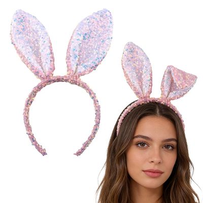 Sudaporn Easter Bunny Ears Headband Bling Sequin Rabbit Ear Hair Bands Decorations for Cosplay Halloween Party Fancy Dress Up Hair Accessories