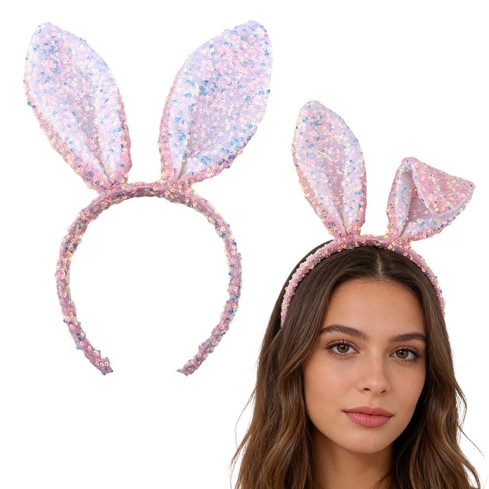 Sudaporn Easter Bunny Ears Headband Bling Sequin Rabbit Ear Hair Bands Decorations for Cosplay Halloween Party Fancy Dress Up Hair Accessories