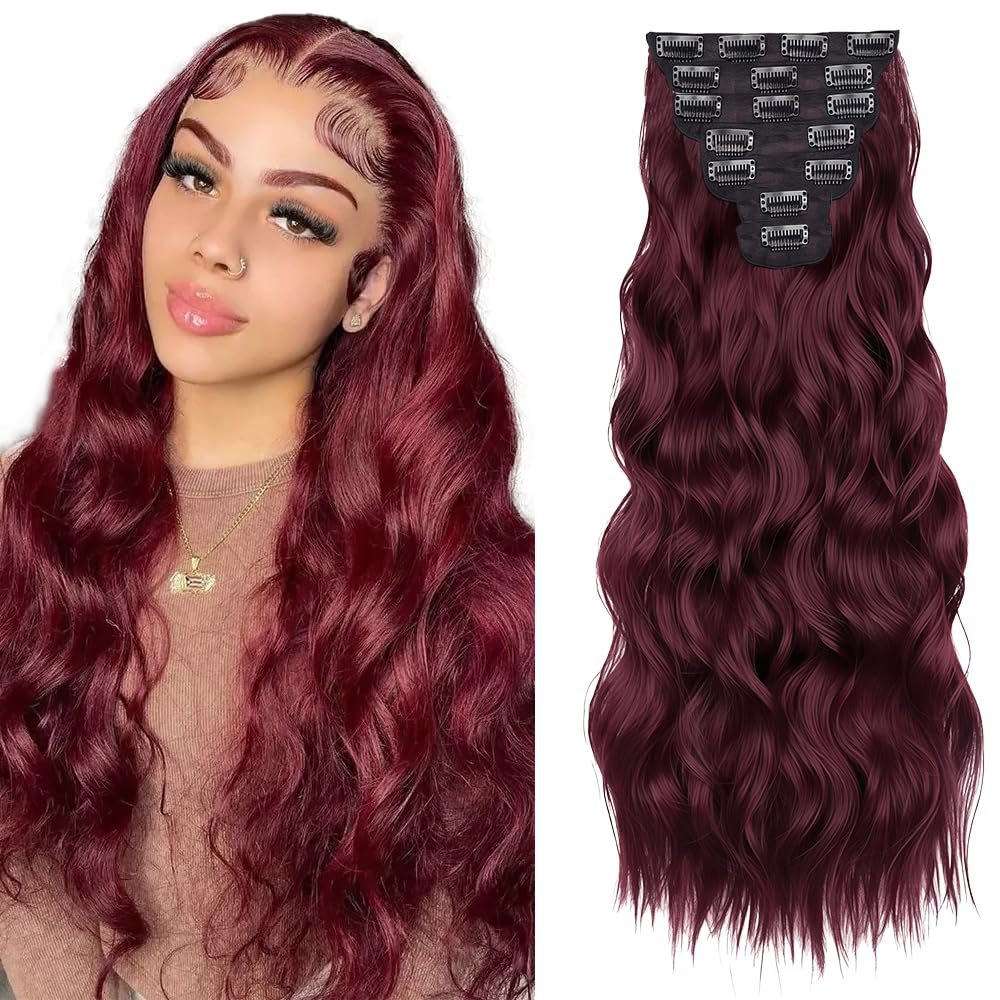99J Clip in Extensions Human Hair 30 Inch Burgundy Long Wave Clip in Seamless Extensions Human Hair Skin Weft Seamless Invisible Unprocessed Brazilian Virgin Remy Hair 120g