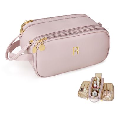 CLOUDWINGS Gifts for Women Initial Makeup Bag Travel Toiletry Bag(Pink,R)
