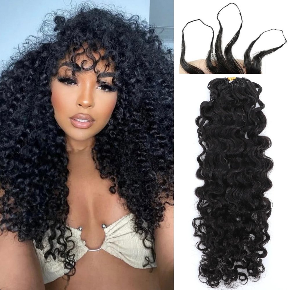 Burmese Curly Crochet Hair 100% Human Hair Knotless Pre-Separated Feather Crochet Human Hair Extensions With String In The Middle For Braids Natural Black 20inch 120g