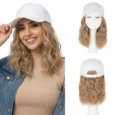 SEGO Pro White Wig Hat, Baseball Cap with Hair Attached for Women, 8" Hat Wig with Heat Resistant Synthetic Hair Extensions, for Daily Wear, Busy Mornings- Wavy, Caramel Blonde Mix Bleach Blonde