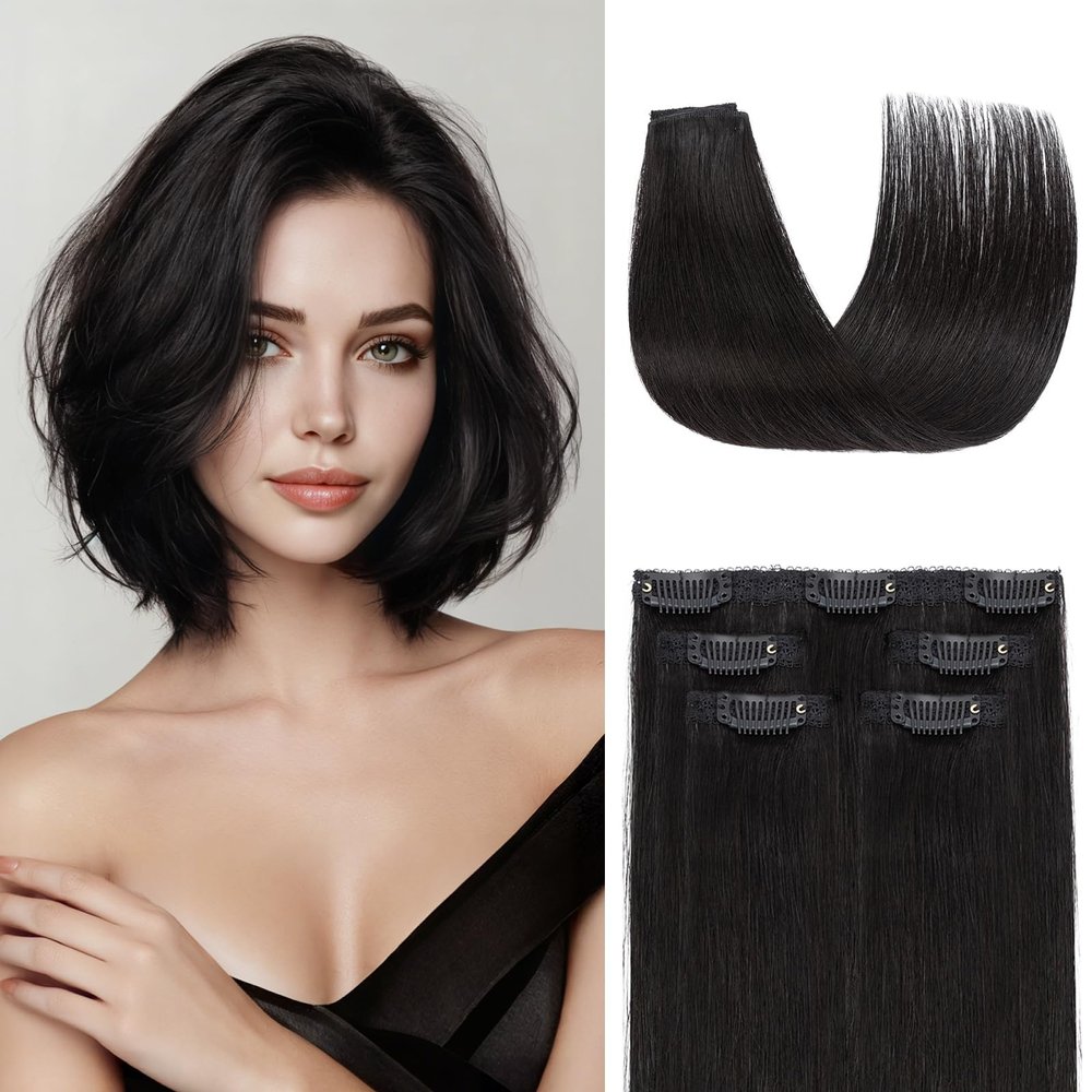 Rich Choices Clip In Hair Extensions Real Human Hair-5 Pcs(4PCS Single Clip+1PCS 3 Clips)-Remy Short Clip in Extensions for Thin Hairs-Mini Clip ins Hairpiece for Women 10 Inch #1B Natural Black