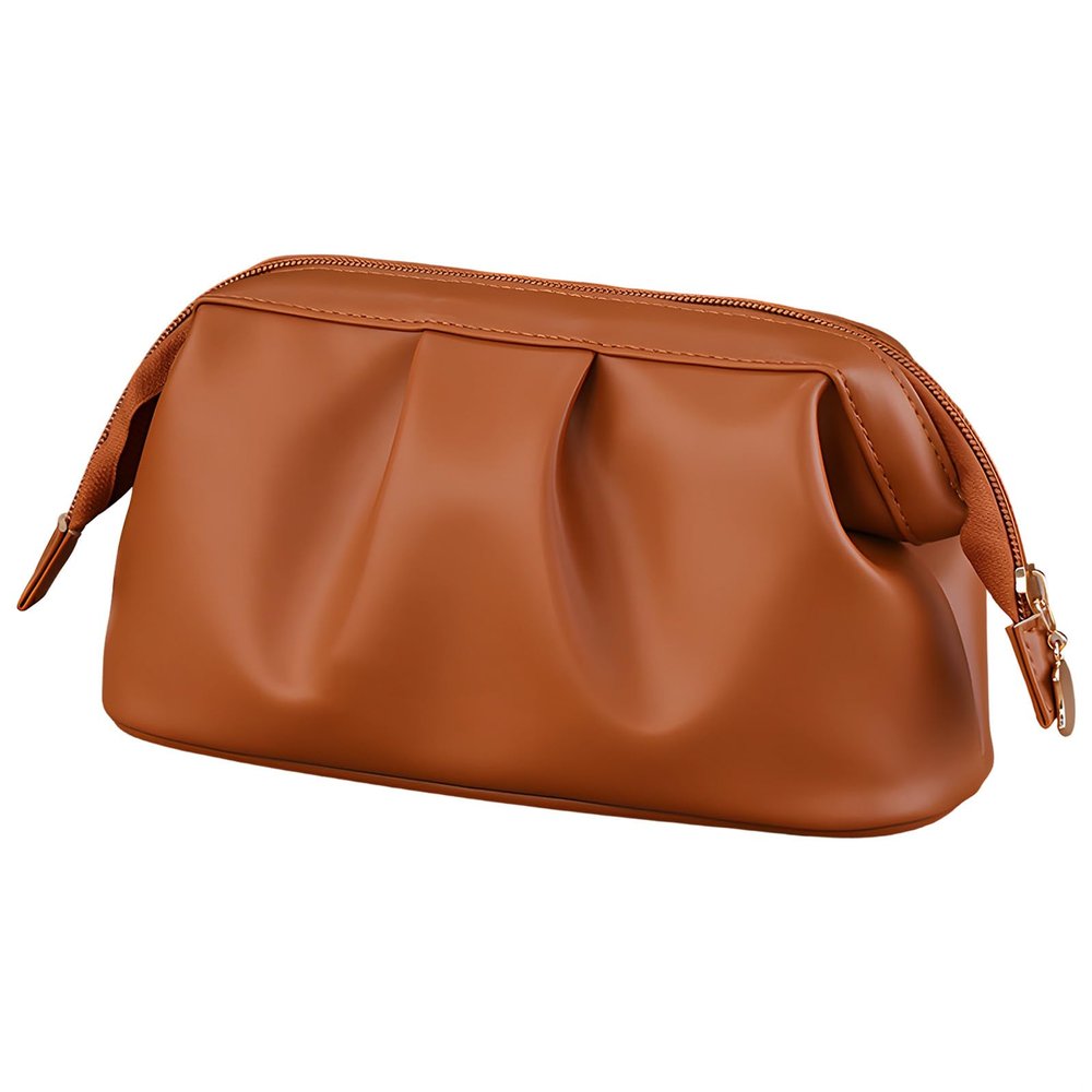 YHomU Wide Pu Leather Cosmetic Bag, Brown For Travel