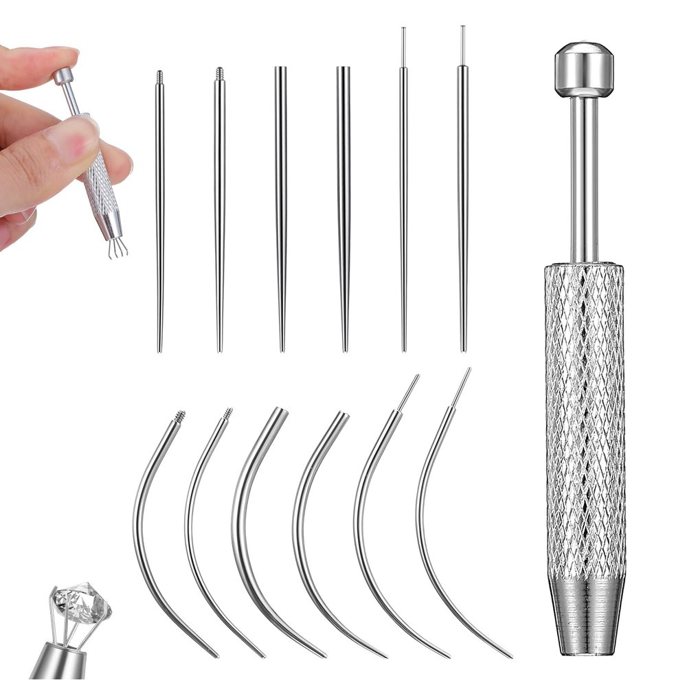 13Pcs Piercing Ball Grabber Tool 14G 16G 18G 20G Stainless Steel Flat Back Earring Applicator with Threaded & Threadless Insertion Pin Curved Push In Body Piercing for Ear Nose Lip Body Jewelry Change