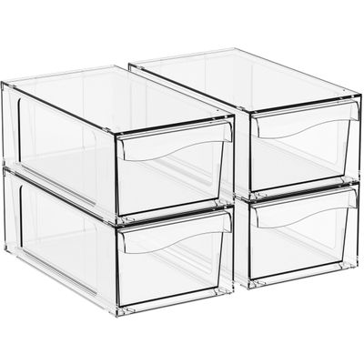 Yieach 4 Pack Clear Stackable Storage Drawers,4.5" Tall Acrylic Makeup Organizer Drawers and Medicine Cabinet Organizers,Pull Out Plastic Bathroom Closet Organizer for Hair Clip,Baby Bottle,Pacifier