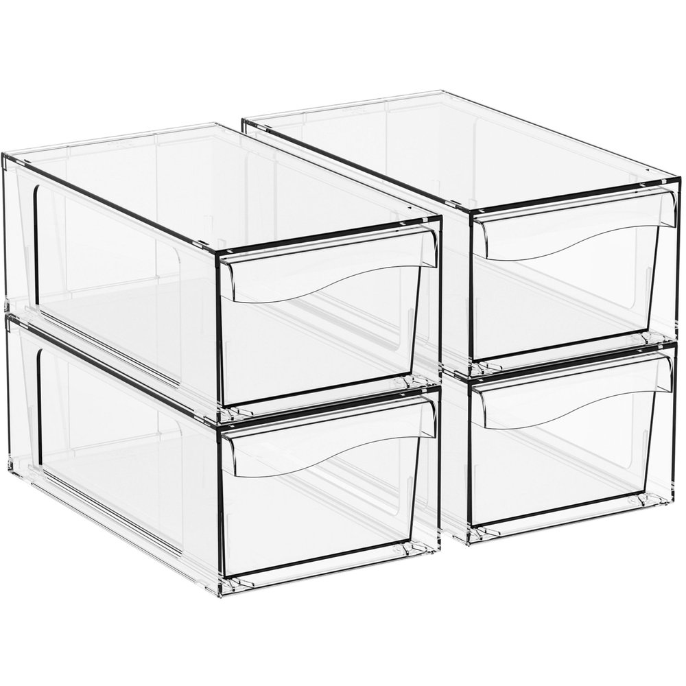 Yieach 4 Pack Clear Stackable Storage Drawers,4.5" Tall Acrylic Makeup Organizer Drawers and Medicine Cabinet Organizers,Pull Out Plastic Bathroom Closet Organizer for Hair Clip,Baby Bottle,Pacifier