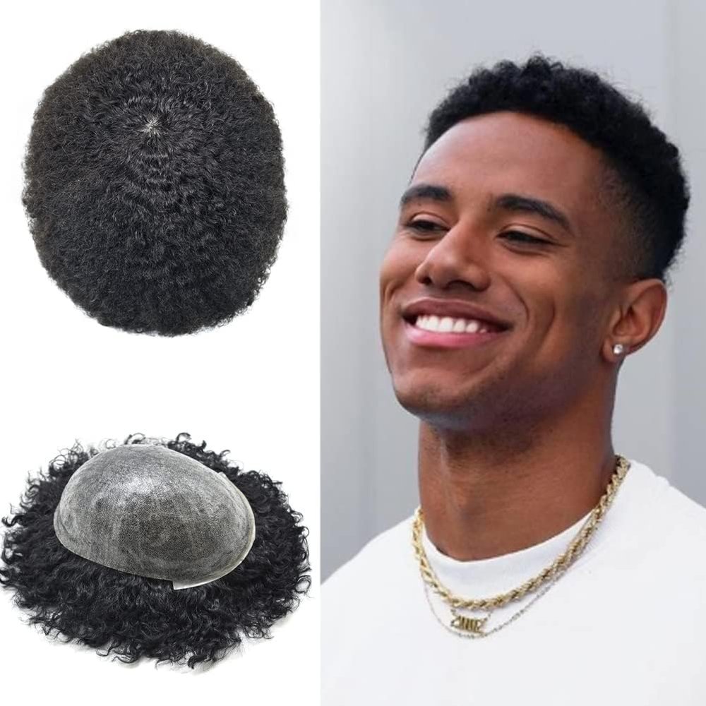 Hair Wonders Afro Toupee for Mens Hair Unit Black Men Thin Skin PU Injection Human Hair Replacement System for Black Men8X10-6MM1# JET BLACK