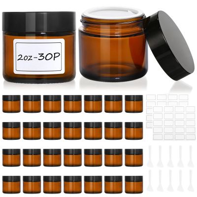 30 Pcs 2 oz Glass Jars with Lids, Amber,with 60 Labels & 10 Spatulas