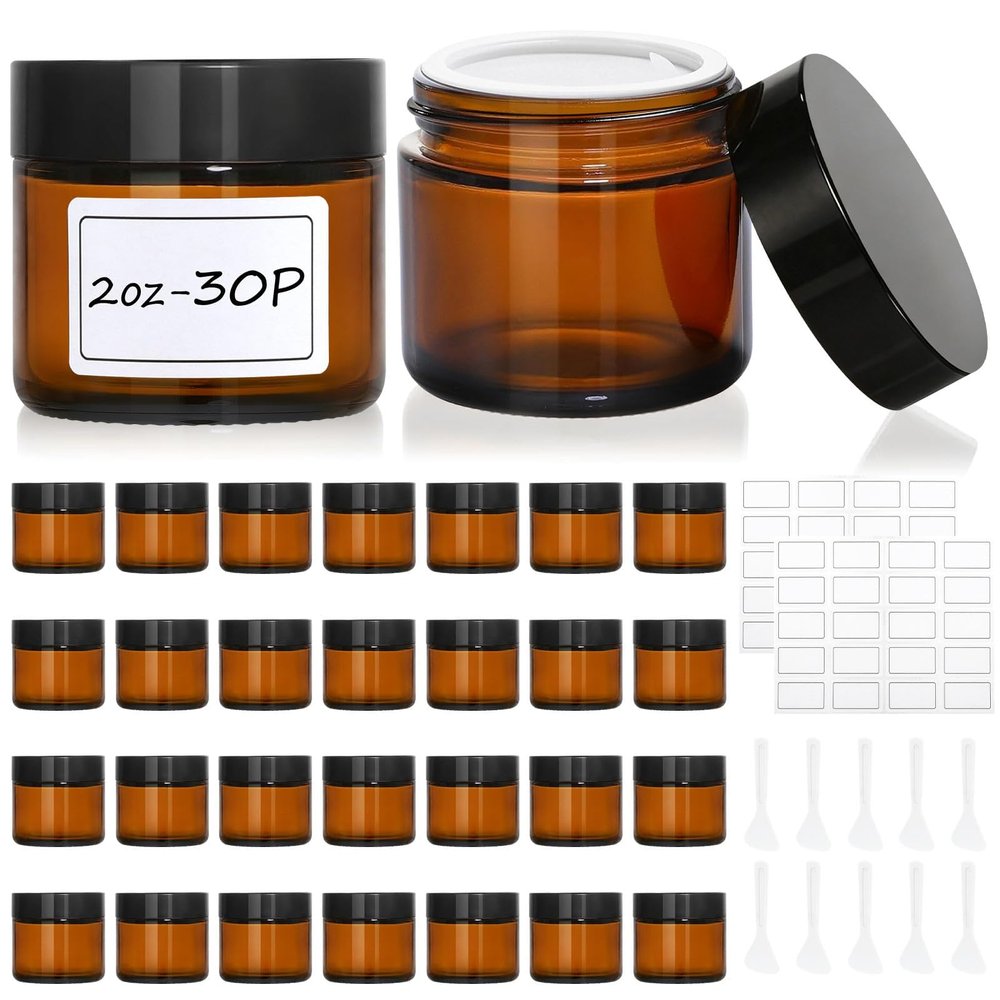 30 Pcs 2 oz Glass Jars with Lids, Amber,with 60 Labels & 10 Spatulas