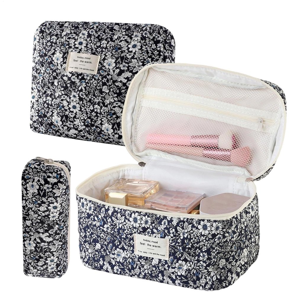 Quilted Toiletry Bag 3 Pieces Cotton Quilted Large Floral Organizer with