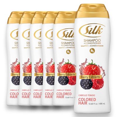 SILK 2 in 1 Shampoo and Conditioner for Colored Hair Volumizing for Color Treated, Dyed & Bleached Strands With Raspberry Seed Oil High Gloss Finish Berry Scent, 13.6 Fl Oz (Pack of 6)